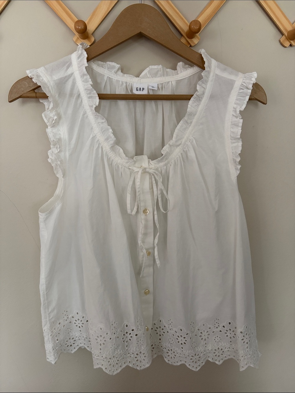 White Eyelet Ruffle Tie-Front Sleeveless Blouse